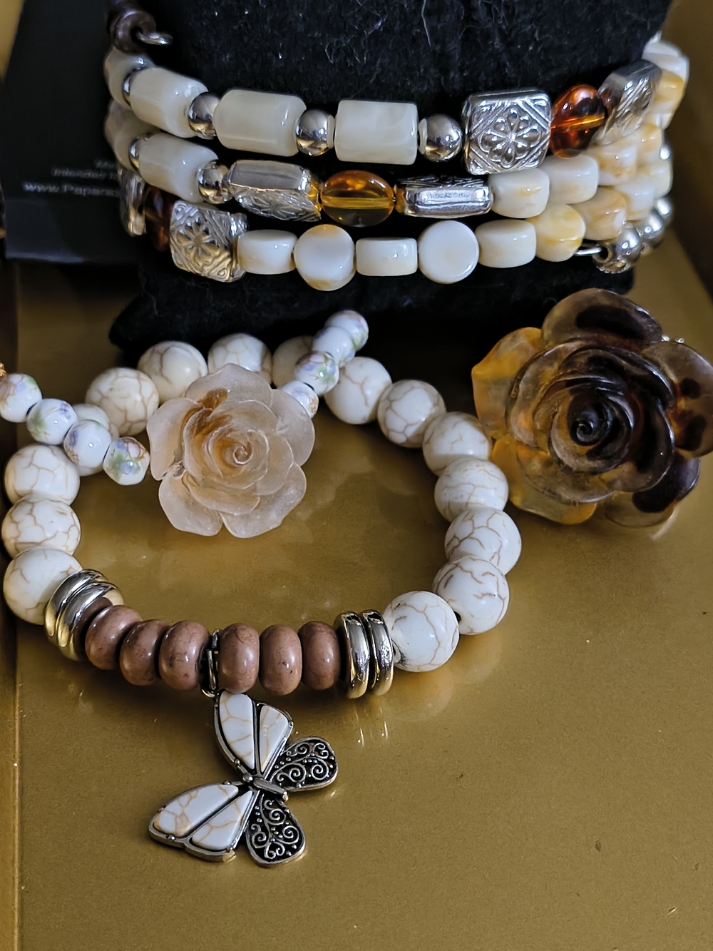 Paparazzi Cream and Amber Beaded Bracelet Stack with Butterfly Rose Charms ..
